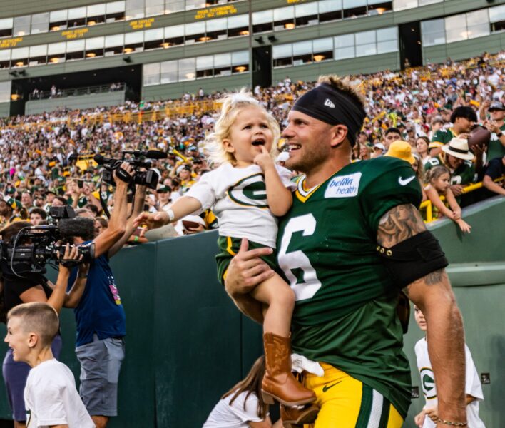 Green Bay Packers safety Dallin Leavitt (6) walks onto Lambeau Field at Packers Family Night on Saturday, August 5, 2023, in Green Bay, Wis. Seeger Gray/USA TODAY NETWORK-Wisconsin