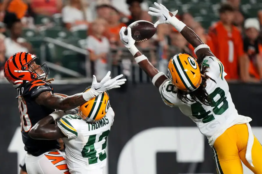 Aug 11, 2023; Cincinnati, Ohio, USA; Green Bay Packers safety Benny Sapp III (48) intercepts a pass intended for Cincinnati Bengals wide receiver Kwamie Lassiter II (18) in the fourth quarter during a Week 1 NFL preseason game at Paycor Stadium. Mandatory Credit: Kareem Elgazzar - USA Today Network via The Cincinnati Enquirer Green Bay Packers safety Benny Sapp III (pointing) and linebacker Tariq Carpenter (24) celebrate after Sapp s interception against the Seattle Seahawks during their preseason football game on Saturday, August 26, 2023, at Lambeau Field in Green Bay, Wis. The Packers won the game, 19-15. Tork Mason/USA TODAY NETWORK-Wisconsin