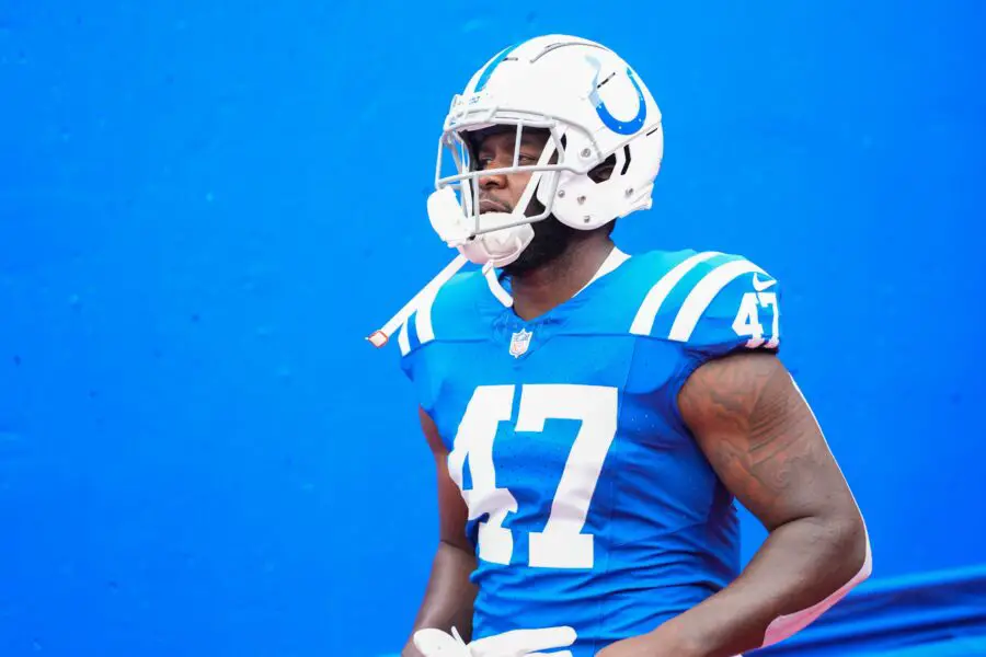 Aug 12, 2023; Orchard Park, New York, USA; Indianapolis Colts tight end Nick Eubanks (47) enters the playing field prior to the game against the Buffalo Bills at Highmark Stadium. Mandatory Credit: Gregory Fisher-USA TODAY Sports (Green Bay Packers)