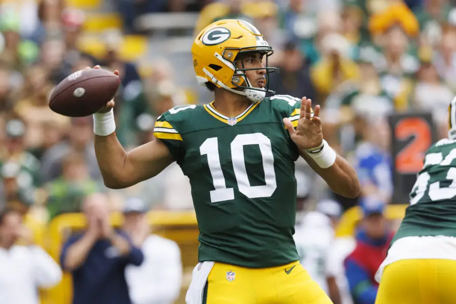 Aug 26, 2023; Green Bay, Wisconsin, USA; Green Bay Packers quarterback Jordan Love (10) throws a pass during the first quarter against the Seattle Seahawks at Lambeau Field. Mandatory Credit: Jeff Hanisch-USA TODAY Sports