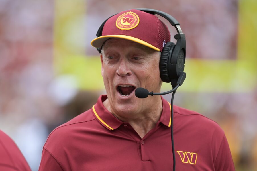 Sep 10, 2023; Landover, Maryland, USA; Washington Commanders defensive coordinator Jack Del Rio react during the first half against the Arizona Cardinals at FedExField. Mandatory Credit: Tommy Gilligan-USA TODAY Sports