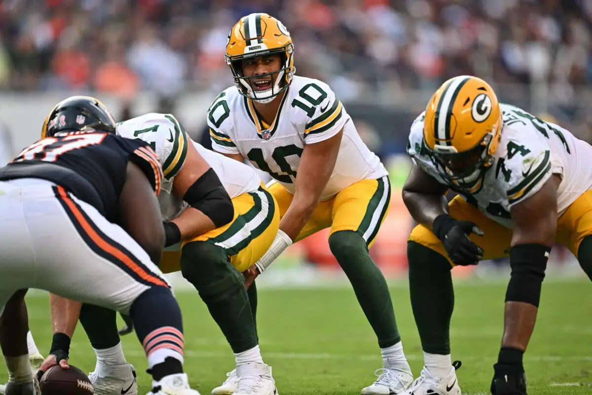 Sep 10, 2023; Chicago, Illinois, USA; Green Bay Packers quarterback Jordan Love (10) calls signals against the Chicago Bears at Soldier Field. Mandatory Credit: Jamie Sabau-USA TODAY Sports