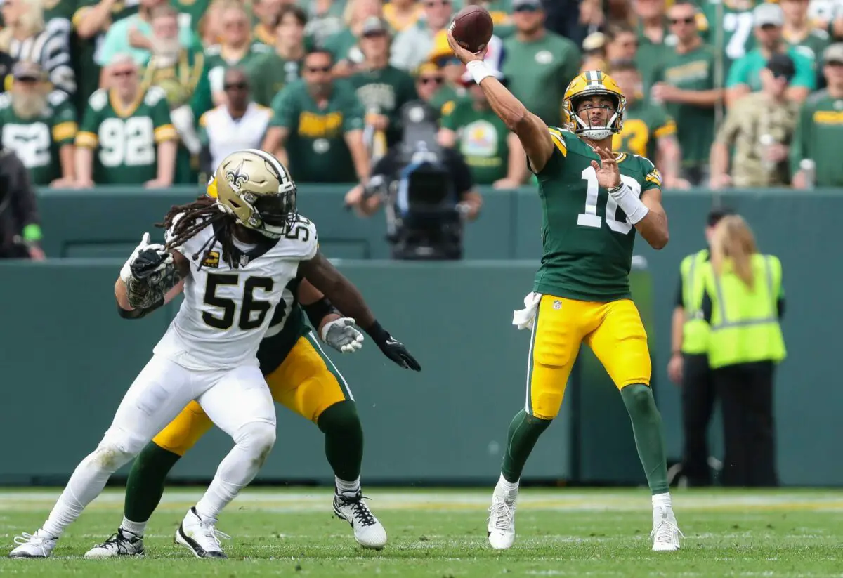Green Bay Packers quarterback Jordan Love (10) passes the ball against the New Orleans Saints on Sunday, September 24, 2023, at Lambeau Field in Green Bay, Wis. The Packers came back from a 17-0 fourth-quarter deficit to win the game, 18-17. Tork Mason/USA TODAY NETWORK-Wisconsin