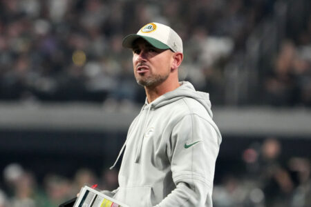 Oct 9, 2023; Paradise, Nevada, USA; Green Bay Packers coach Matt LeFleur reacts against the Las Vegas Raiders in the second half at Allegiant Stadium. Mandatory Credit: Kirby Lee-USA TODAY Sports