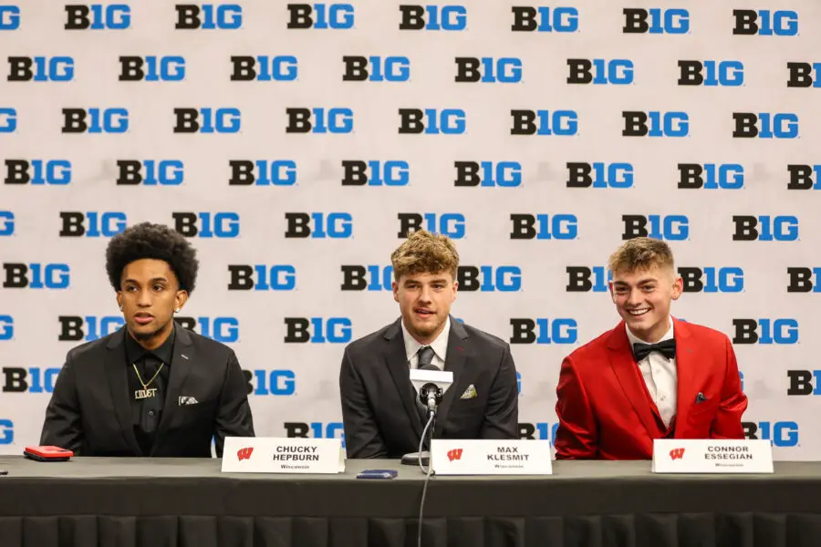 Wisconsin Badgers players Chucky Hepburn, Max Klesmit, and Connor Essegian at Big Ten basketball media days
