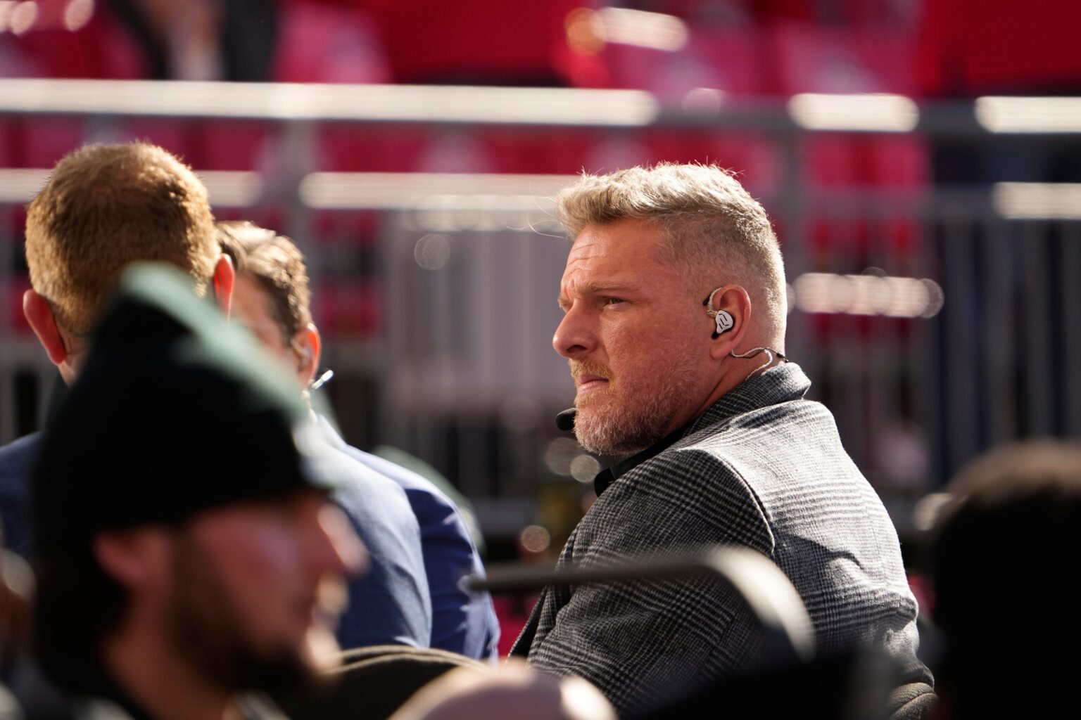 Oct 21, 2023; Columbus, Ohio, USA; ESPN analyst Pat McAfee sits on the set of College Gameday during the NCAA football game between the Ohio State Buckeyes and the Penn State Nittany Lions at Ohio Stadium. © Adam Cairns/Columbus Dispatch / USA TODAY NETWORK