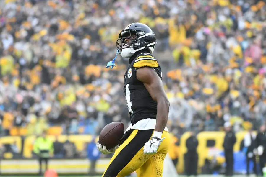 Oct 29, 2023; Pittsburgh, Pennsylvania, USA; Pittsburgh Steelers wide receiver George Pickens (14) celebrates a third quarter touchdown against the Jacksonville Jaguars at Acrisure Stadium. Mandatory Credit: Philip G. Pavely-USA TODAY Sports (Green Bay Packers)