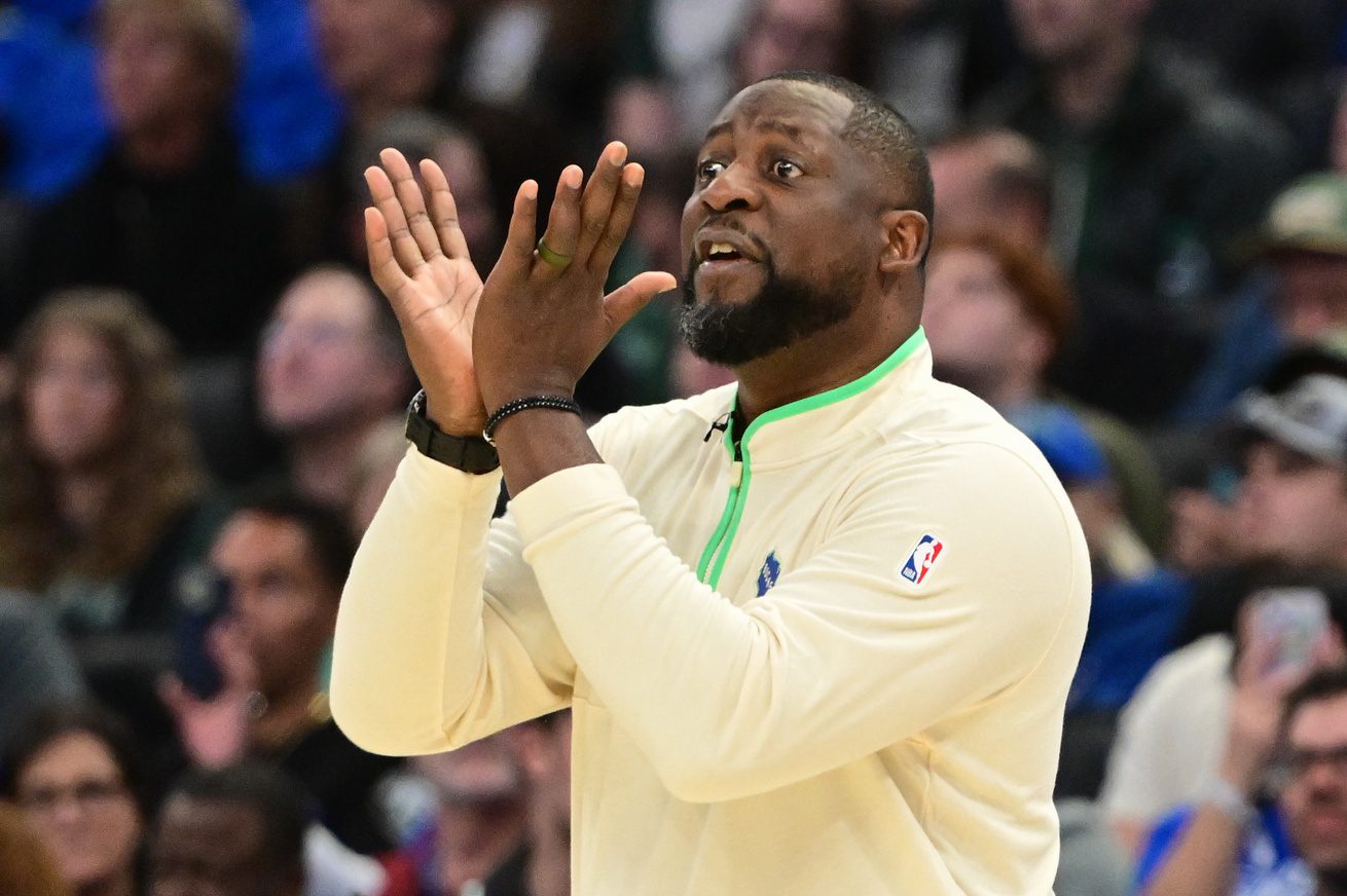 Nov 3, 2023; Milwaukee, Wisconsin, USA; Milwaukee Bucks head coach Adrian Griffin reacts in the fourth quarter against the New York Knicks at Fiserv Forum. Mandatory Credit: Benny Sieu-USA TODAY Sports