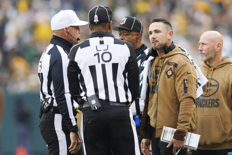 Nov 5, 2023; Green Bay, Wisconsin, USA; Green Bay Packers head coach Matt LaFleur talks with officials during the second quarter against the Los Angeles Rams at Lambeau Field. Mandatory Credit: Jeff Hanisch-USA TODAY Sports