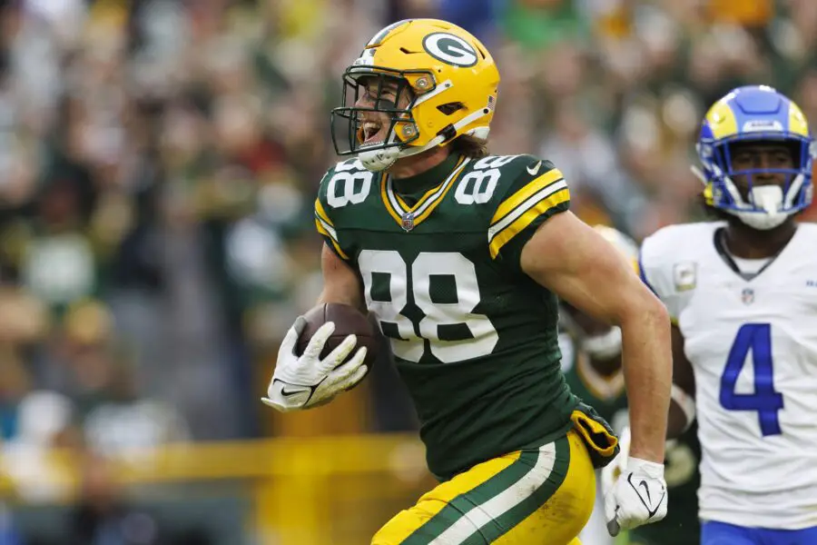 Nov 5, 2023; Green Bay, Wisconsin, USA; Green Bay Packers tight end Luke Musgrave (88) celebrates scoring a touchdown during the fourth quarter against the Los Angeles Rams at Lambeau Field. Mandatory Credit: Jeff Hanisch-USA TODAY Sports