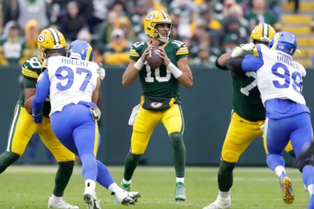 Green Bay Packers quarterback Jordan Love (10) looks to pass against the Los Angeles Rams during their football game Sunday, November 5, 2023, at Lambeau Field in Green Bay, Wis. Dan Powers/USA TODAY NETWORK-Wisconsin.