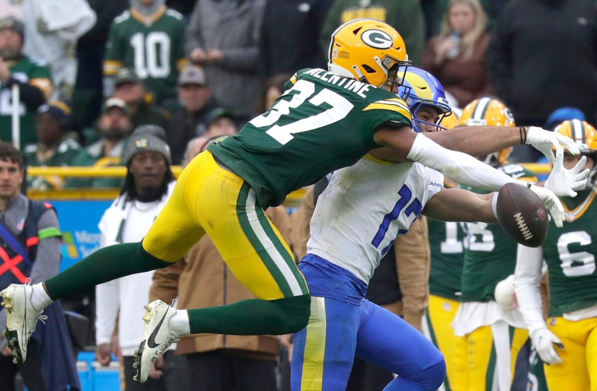 Green Bay Packers cornerback Carrington Valentine (37) breaks up apass to Los Angeles Rams wide receiver Puka Nacua (17) during their football game Sunday, November 5,, 2023, at Lambeau Field in Green Bay, Wis. Wm. Glasheen USA TODAY NETWORK-Wisconsin
