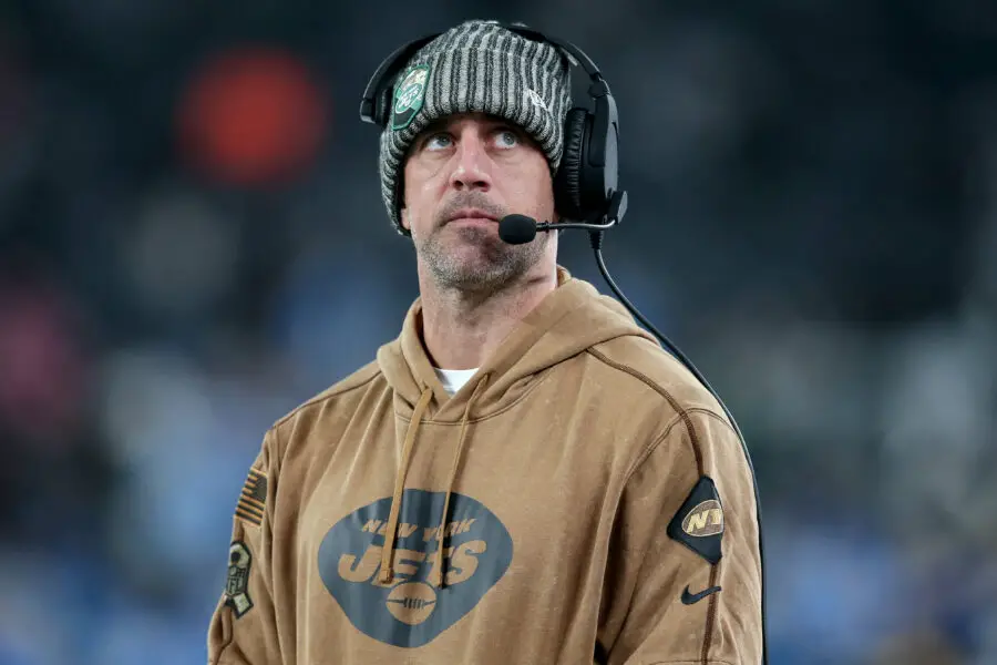 Nov 6, 2023; East Rutherford, New Jersey, USA; New York Jets injured quarterback Aaron Rodgers reacts during the fourth quarter against the Los Angeles Chargers at MetLife Stadium. Mandatory Credit: Brad Penner-USA TODAY Sports (Green Bay Packers)