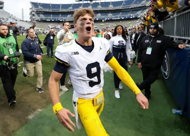 Nov 11, 2023; University Park, Pennsylvania, USA; Michigan Wolverines quarterback J.J. McCarthy (9) reacts while leaving the field following a game against the Penn State Nittany Lions at Beaver Stadium. Michigan won 24-15. Mandatory Credit: Matthew O'Haren-USA TODAY Sports (Green Bay Packers)