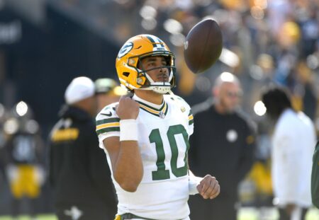 Nov 12, 2023; Pittsburgh, Pennsylvania, USA; Green Bay Packers quarterback Jordan Love (10) tosses the ball before playing the Pittsburgh Steelers at Acrisure Stadium. Mandatory Credit: Philip G. Pavely-USA TODAY Sports