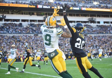 Nov 12, 2023; Pittsburgh, Pennsylvania, USA; Green Bay Packers wide receiver Christian Watson (9) cannot make a catch against Pittsburgh Steelers cornerback Patrick Peterson (20) before being intercepted by safety Keanu Neal (31) during the fourth quarter at Acrisure Stadium. Mandatory Credit: Philip G. Pavely-USA TODAY Sports