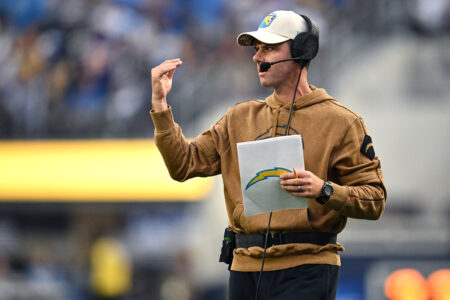 Nov 12, 2023; Inglewood, California, USA; Los Angeles Chargers head coach Brandon Staley gestures during the first half against the Detroit Lions at SoFi Stadium. Mandatory Credit: Orlando Ramirez-USA TODAY Sports (Green Bay Packers)