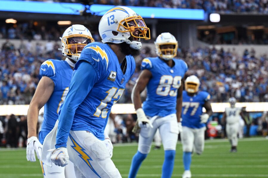 Nov 12, 2023; Inglewood, California, USA; Los Angeles Chargers wide receiver Keenan Allen (13) celebrates after scoring a touchdown against the Detroit Lions during the second half at SoFi Stadium. Mandatory Credit: Orlando Ramirez-USA TODAY Sports (Green Bay Packers)