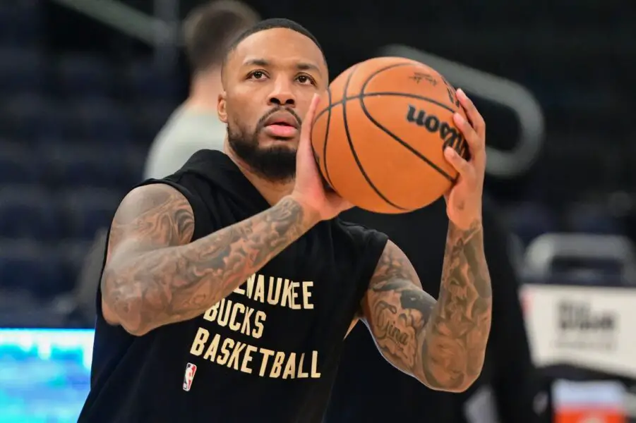 Nov 13, 2023; Milwaukee, Wisconsin, USA; Milwaukee Bucks guard Damian Lillard (0) warms up before the game against the Chicago Bulls at Fiserv Forum. Mandatory Credit: Benny Sieu-USA TODAY Sports