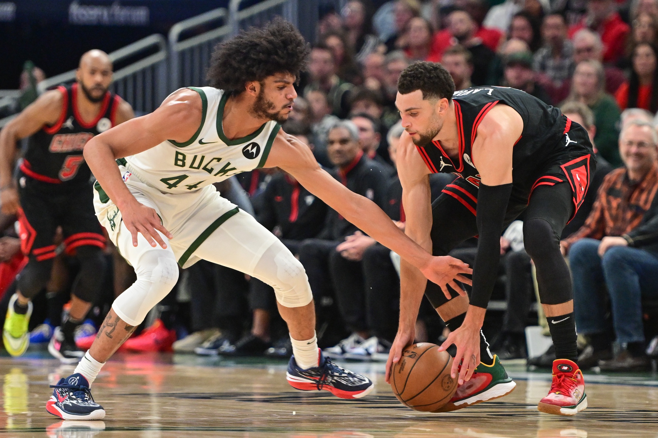 Nov 13, 2023; Milwaukee, Wisconsin, USA; Chicago Bulls guard Zach LaVine (8) is guarded by Milwaukee Bucks guard Andre Jackson Jr. (44) in the third quarter at Fiserv Forum. Mandatory Credit: Benny Sieu-USA TODAY Sports