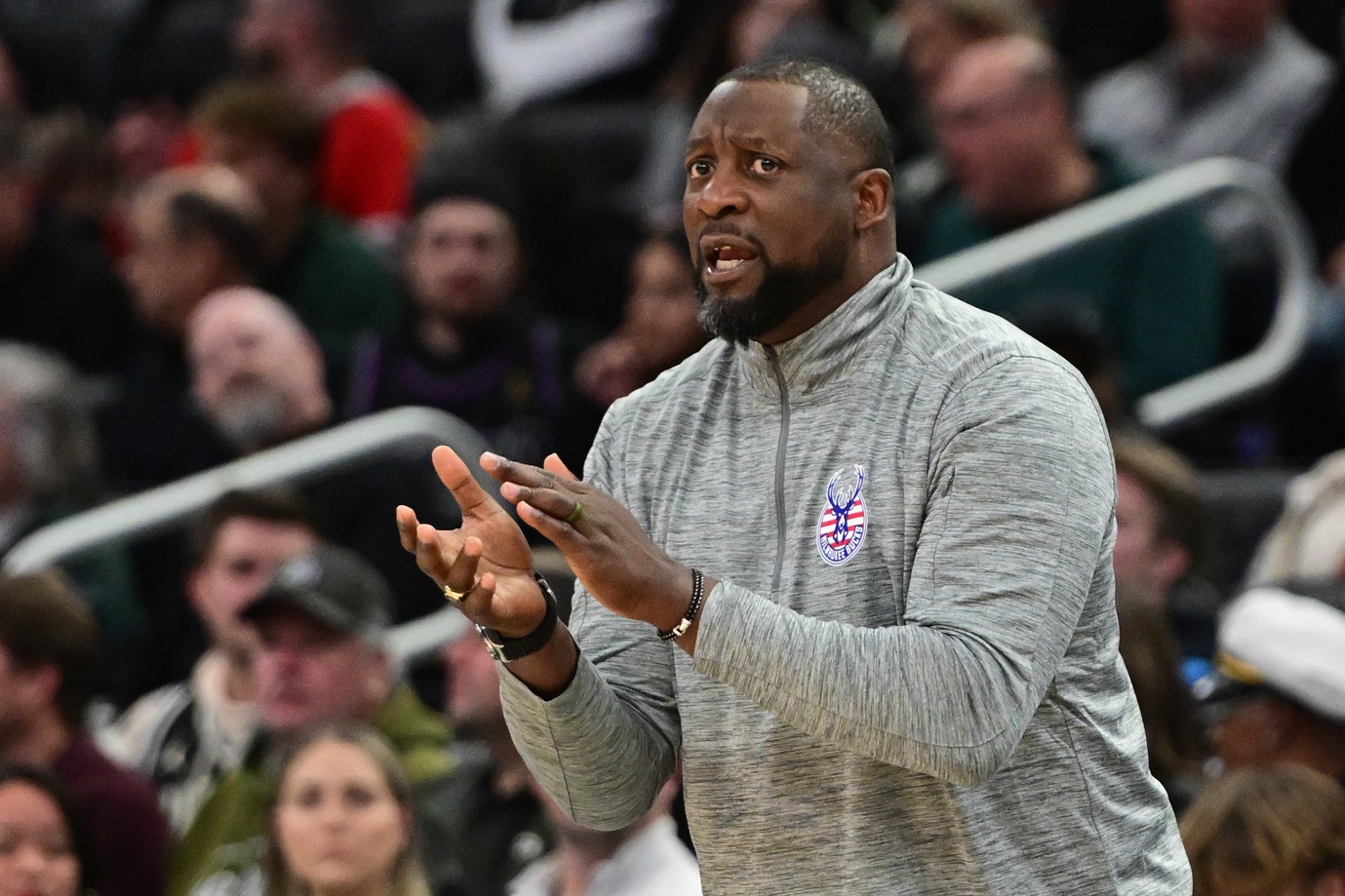 Nov 13, 2023; Milwaukee, Wisconsin, USA; Milwaukee Bucks head coach Adrian Griffin reacts in the fourth quarter against the Chicago Bulls at Fiserv Forum. Mandatory Credit: Benny Sieu-USA TODAY Sports