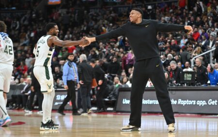 Nov 15, 2023; Toronto, Ontario, CAN; Milwaukee Bucks guard Malik Beasley (5) is congratulated by forward Giannis Antetokounmpo (34) after making a three-point basket against the Toronto Raptors in the first half at Scotiabank Arena. Mandatory Credit: Dan Hamilton-USA TODAY Sports