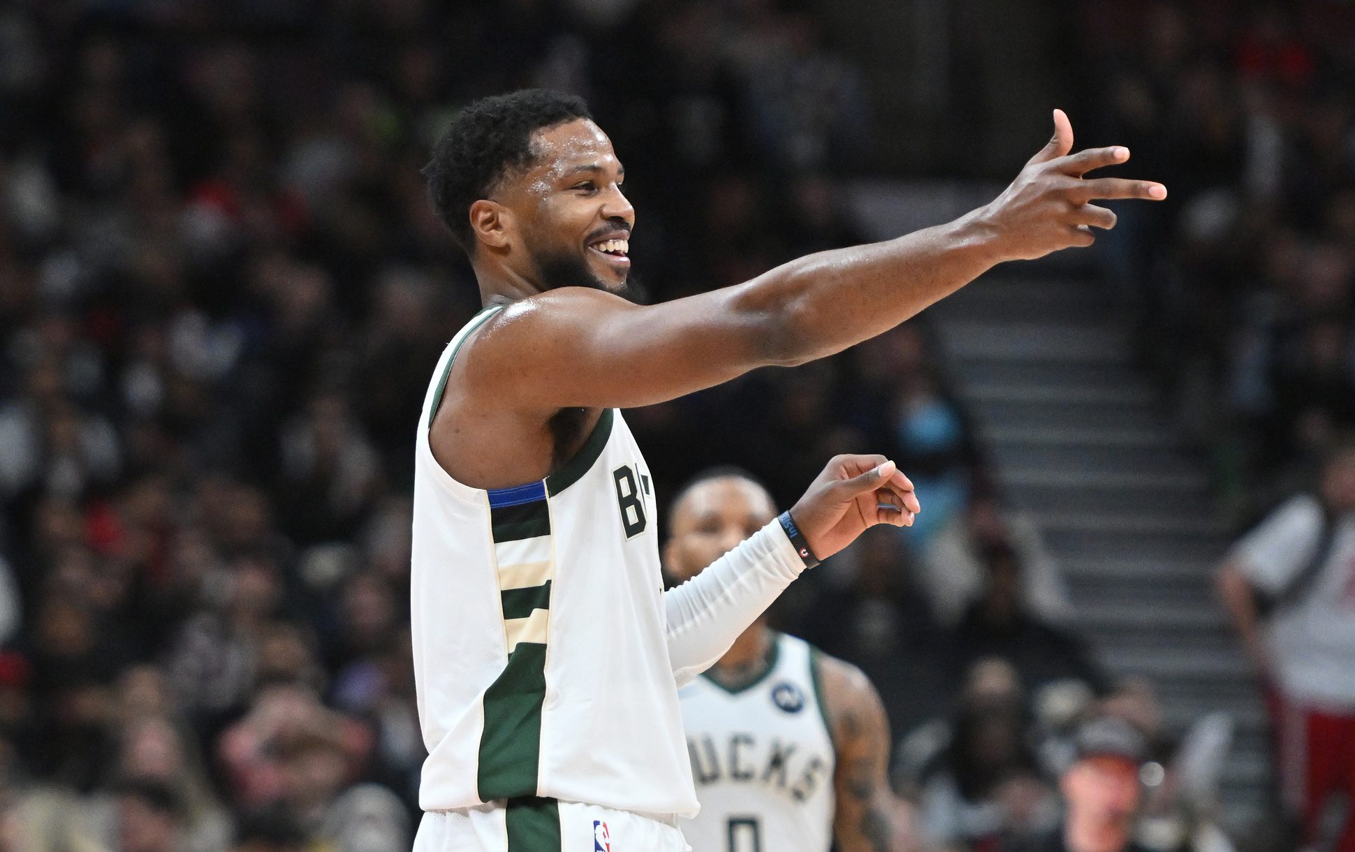 Nov 15, 2023; Toronto, Ontario, CAN; Milwaukee Bucks guard Malik Beasley (5) reacts after scoring a three point basket against the Toronto Raptors in the first half at Scotiabank Arena. Mandatory Credit: Dan Hamilton-USA TODAY Sports