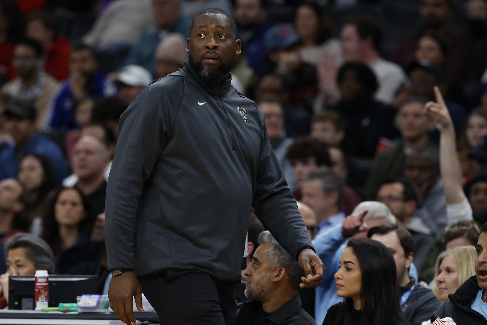Nov 20, 2023; Washington, District of Columbia, USA; Milwaukee Bucks head coach Adrian Griffin looks on from the bench against the Washington Wizards in the first quarter at Capital One Arena. Mandatory Credit: Geoff Burke-USA TODAY Sports