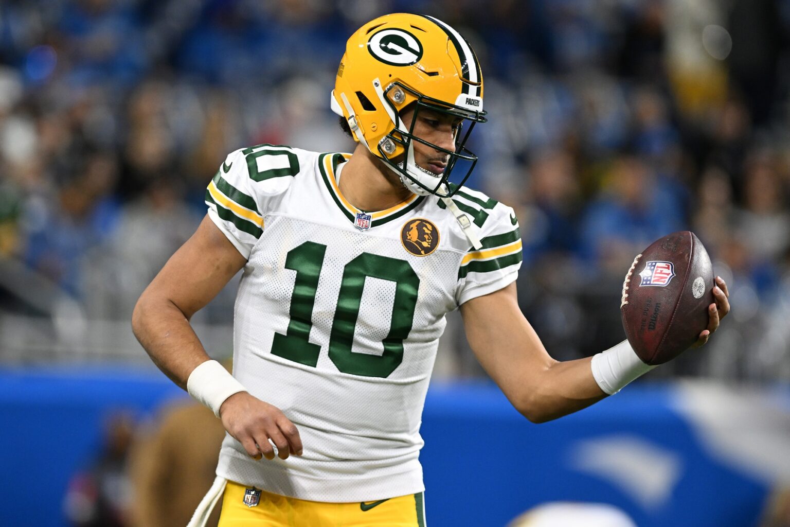 Nov 23, 2023; Detroit, Michigan, USA; Green Bay Packers quarterback Jordan Love (10) warms up before their game against the Detroit Lions at Ford Field. Mandatory Credit: Lon Horwedel-USA TODAY Sports