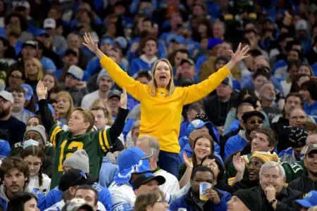 Nov 23, 2023; Detroit, Michigan, USA; Green Bay Packers fans stand up and cheer after the Packers recovered a fumble against the Detroit Lions in the first quarter at Ford Field. Mandatory Credit: Lon Horwedel-USA TODAY Sports