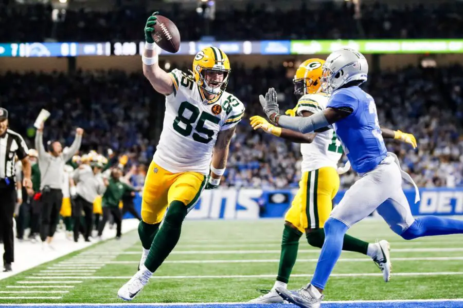Green Bay Packers tight end Tucker Kraft celebrates a touchdown against the Detroit Lions during the first half at Ford Field in Detroit on Thursday, Nov. 23, 2023. © Junfu Han / USA TODAY NETWORK