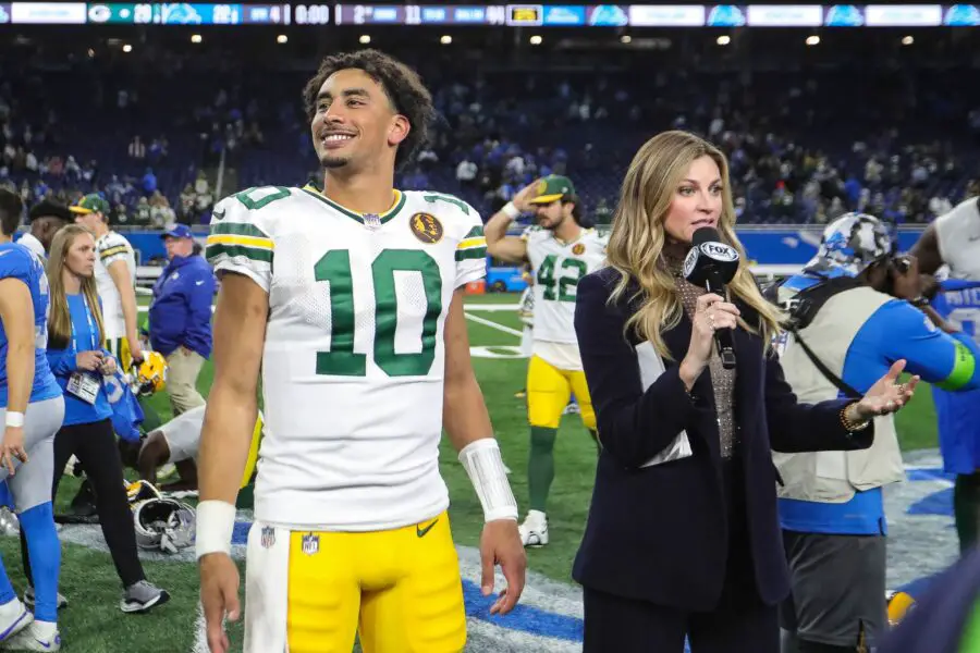 Green Bay Packers quarterback Jordan Love smiles during a postgame interview with Fox Sports' Erin Andrews after the 29-22 win over the Detroit Lions at Ford Field in Detroit on Thursday, Nov. 23, 2023. © Junfu Han / USA TODAY NETWORK