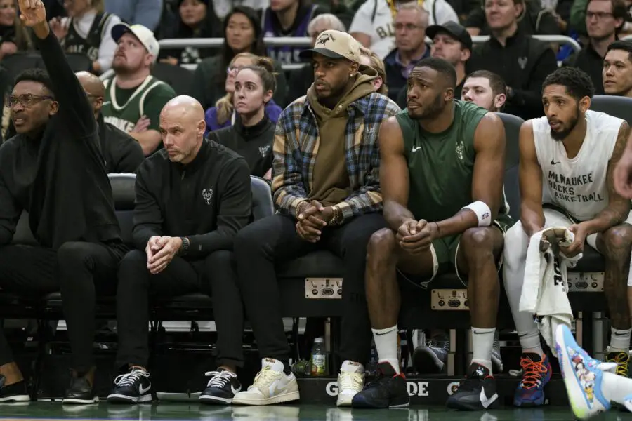 Nov 26, 2023; Milwaukee, Wisconsin, USA; Milwaukee Bucks forward Khris Middleton sits on the bench in street clothes during the third quarter against the Portland Trail Blazers at Fiserv Forum. Mandatory Credit: Jeff Hanisch-USA TODAY Sports