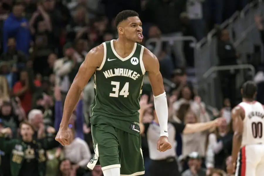 Nov 26, 2023; Milwaukee, Wisconsin, USA; Milwaukee Bucks forward Giannis Antetokounmpo (34) reacts after scoring a basket during the fourth quarter against the Portland Trail Blazers at Fiserv Forum. Mandatory Credit: Jeff Hanisch-USA TODAY Sports