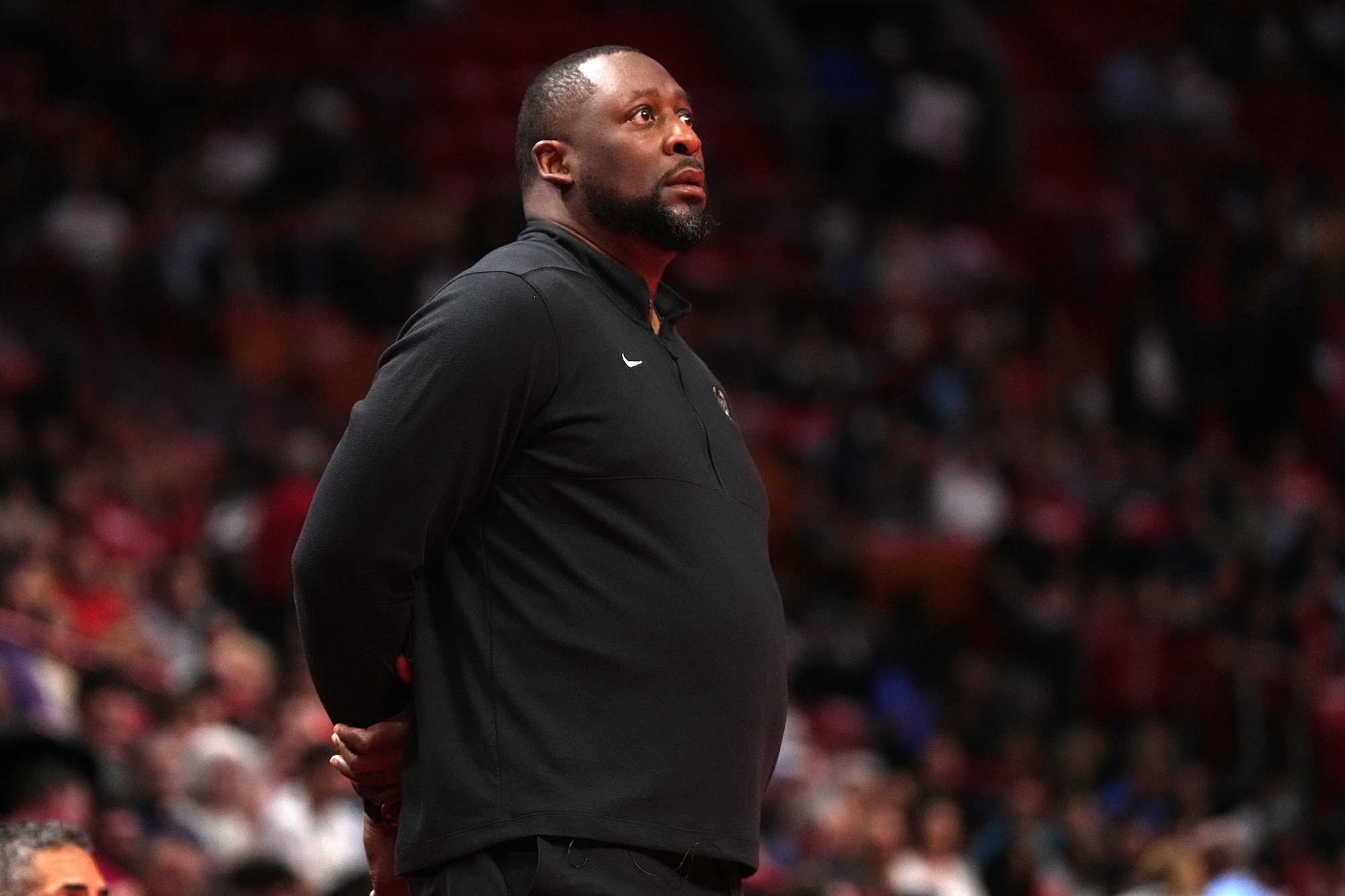 Nov 28, 2023; Miami, Florida, USA; Milwaukee Bucks head coach Adrian Griffin stands on the court during the first half against the Miami Heat at Kaseya Center. Mandatory Credit: Jasen Vinlove-USA TODAY Sports