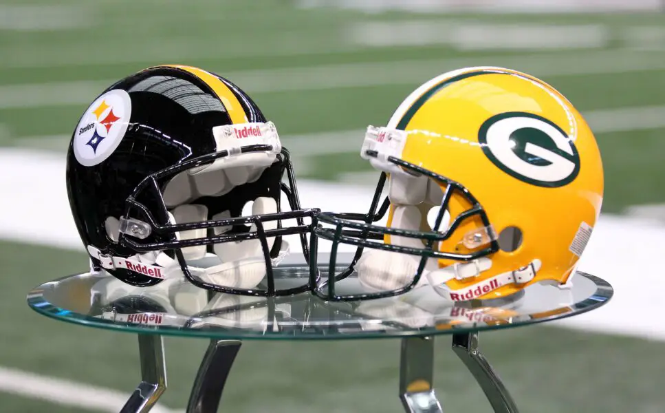 Feb 6, 2011; Arlington, TX, USA; Helmets for the Pittsburgh Steelers and Green Bay Packers before Super Bowl XLV at Cowboys Stadium. Mandatory Credit: Matthew Emmons-USA TODAY Sports