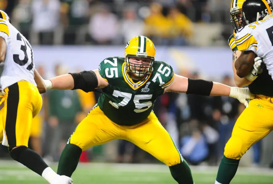 Feb 6, 2011; Arlington, TX, USA; Green Bay Packers tackle Bryan Bulaga during Super Bowl XLV against the Pittsburgh Steelers at Cowboys Stadium. The Packers defeated the Steelers 31-25. Mandatory Credit: Mark J. Rebilas-USA TODAY Sports