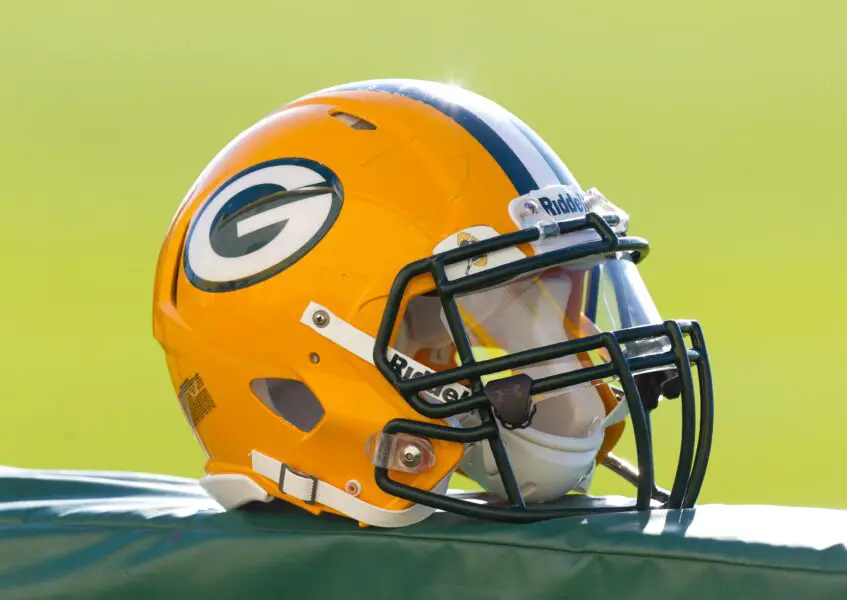 July 28, 2012; Green Bay, WI, USA; A Green Bay Packers helmet during training camp practice at Ray Nitschke Field in Green Bay, WI. Mandatory Credit: Jeff Hanisch-USA TODAY Sports