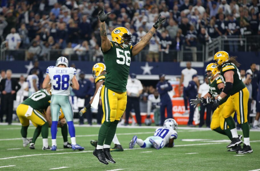 Jan 15, 2017; Arlington, TX, USA; Green Bay Packers outside linebacker Julius Peppers (56) celebrates after the game winning field goal against the Dallas Cowboys in the NFC Divisional playoff game at AT&T Stadium. Mandatory Credit: Matthew Emmons-USA TODAY Sports
