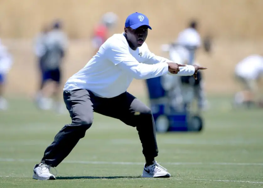 May 22, 2017; Thousand Oaks, CA, USA; Los Angeles Rams safeties coach Ejiro Evero reacts during organized team activities at Cal Lutheran University. Mandatory Credit: Kirby Lee-USA TODAY Sports (Green Bay Packers)
