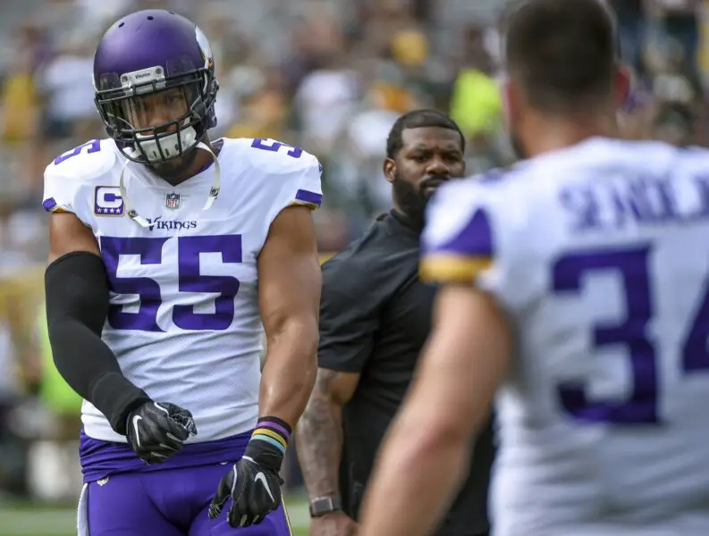 Sep 16, 2018; Green Bay, WI, USA; Minnesota Vikings linebacker Anthony Barr (55) warms up before game against the Green Bay Packers at Lambeau Field. Mandatory Credit: Benny Sieu-USA TODAY Sports