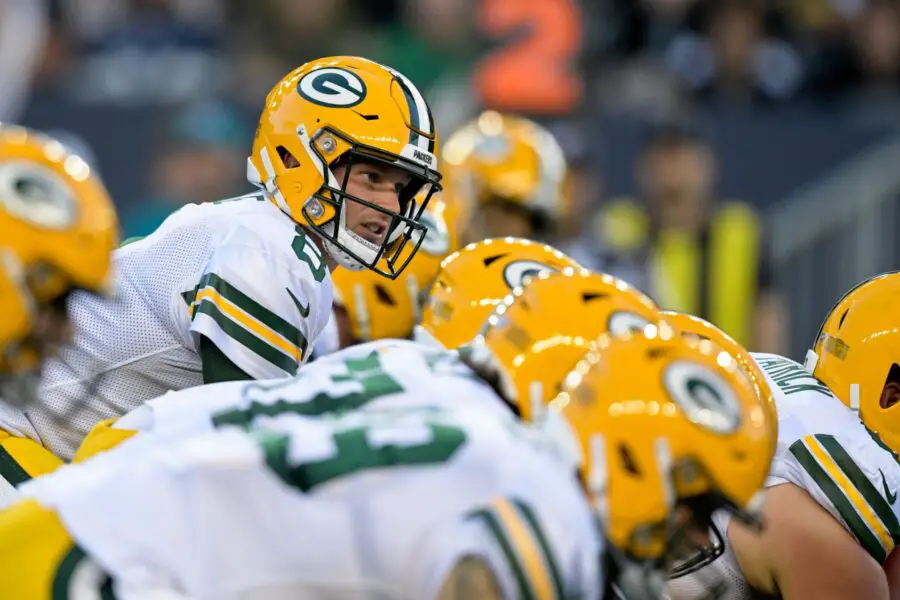 Aug 22, 2019; Winnipeg, Manitoba, CAN; Green Bay Packers quarterback Tim Boyle (8) waits for the snap against the Oakland Raiders during the second half at Investors Group Field. Mandatory Credit: Kirby Lee-USA TODAY Sports