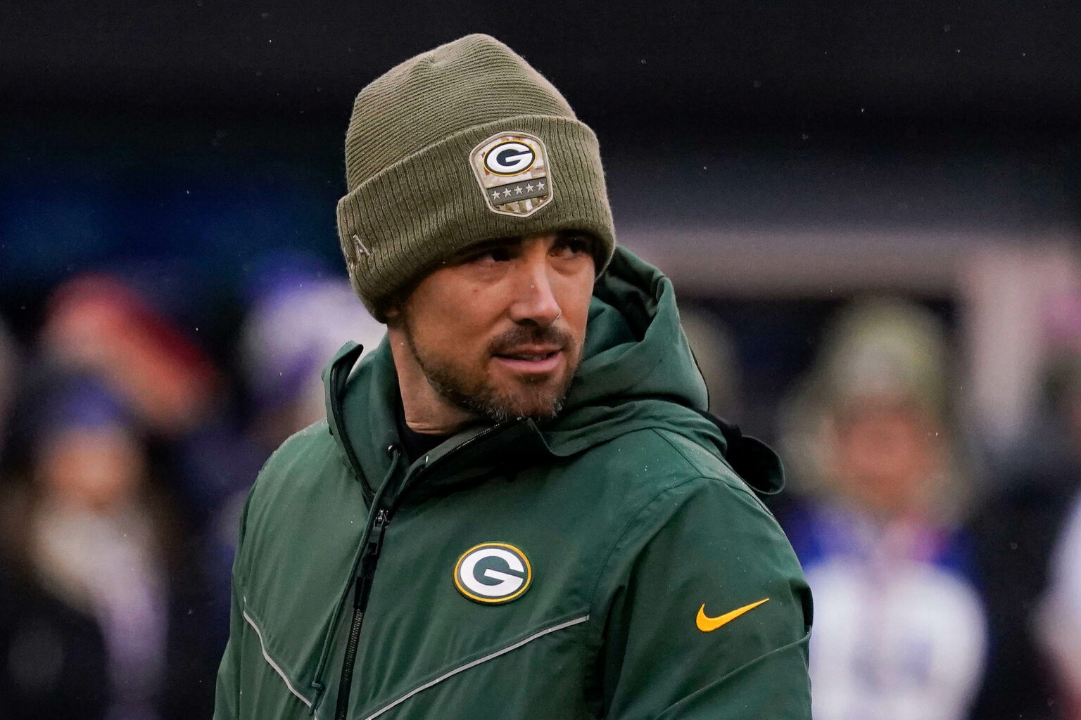 Dec 1, 2019; East Rutherford, NJ, USA; Green Bay Packers head coach Matt LaFleur looks on during warm-ups before the game against the Giants at MetLife Stadium. Mandatory Credit: Robert Deutsch-USA TODAY Sports Dontayvion Wicks