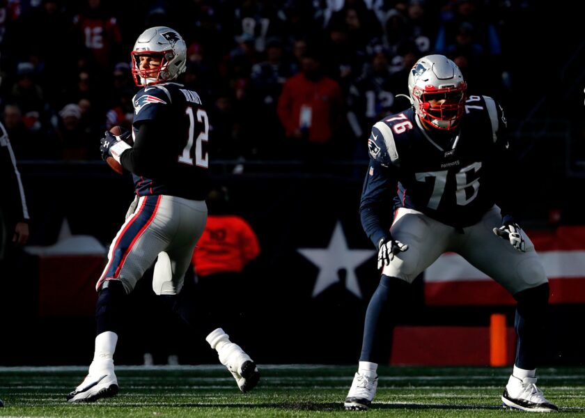 Dec 29, 2019; Foxborough, Massachusetts, USA; New England Patriots quarterback Tom Brady (12) drops back to pass under the protection of offensive tackle Isaiah Wynn (76) during the first half against the Miami Dolphins at Gillette Stadium. Mandatory Credit: Winslow Townson-USA TODAY Sports (Green Bay Packers)