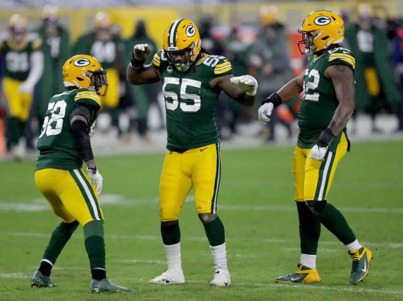 Green Bay Packers outside linebacker Za'Darius Smith (55) celebrates his sack during the 2nd quarter of the Green Bay Packers Los Angeles Rams NFC divisional playoff game Saturday, Jan. 16, 2021, at Lambeau Field in Green Bay, Wis. © Mike De Sisti / The Milwaukee Jo via Imagn Content Services, LLC