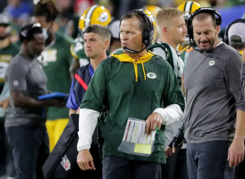 Green Bay Packers defensive coordinator Joe Barry is shown during the fourth quarter of their game Monday, September 20, 2021 at Lambeau Field in Green Bay, Wis. The Green Bay Packers beat the Detroit Lions 35-17. Packers21 22