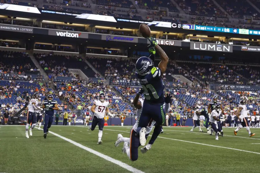 Aug 18, 2022; Seattle, Washington, USA; Seattle Seahawks wide receiver Bo Melton (81) drops a potential touchdown pass against the Chicago Bears during the fourth quarter at Lumen Field. Mandatory Credit: Joe Nicholson-USA TODAY Sports (Green Bay Packers)