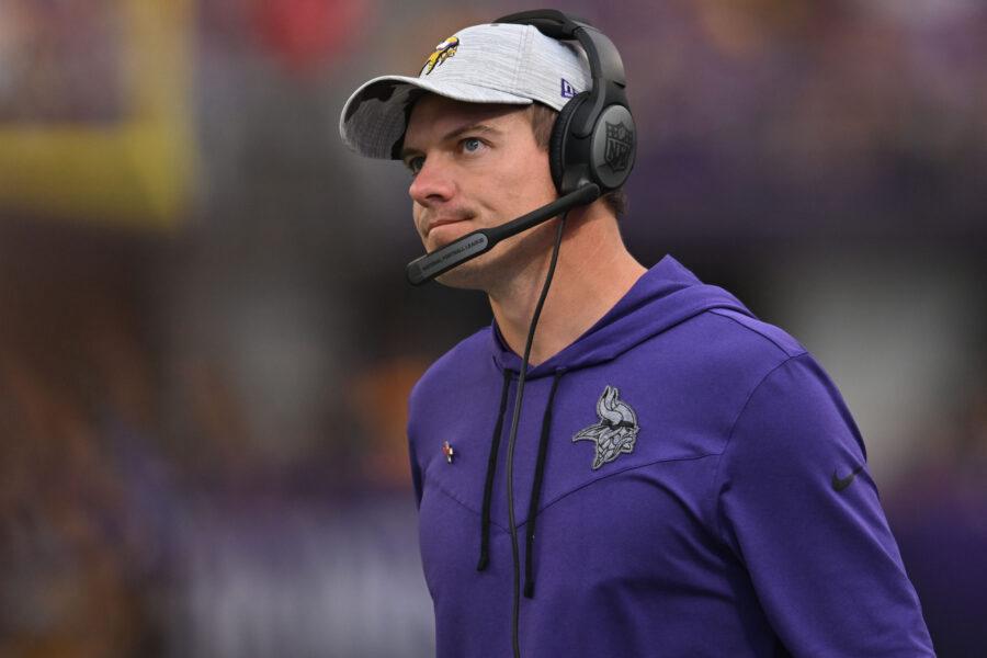 Sep 11, 2022; Minneapolis, Minnesota, USA; Minnesota Vikings head coach Kevin O'Connell looks on during the game against the Green Bay Packers at U.S. Bank Stadium. Mandatory Credit: Jeffrey Becker-USA TODAY Sports