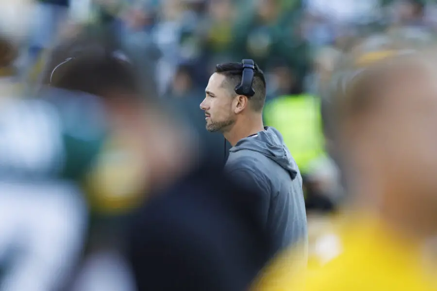 Oct 2, 2022; Green Bay, Wisconsin, USA; Green Bay Packers head coach Matt LaFleur during the game against the New England Patriots at Lambeau Field. Mandatory Credit: Jeff Hanisch-USA TODAY Sports