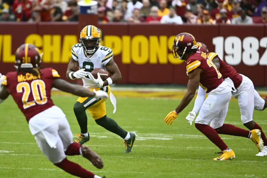 Oct 23, 2022; Landover, Maryland, USA; Green Bay Packers wide receiver Amari Rodgers (8) runs after a catch against the Washington Commanders during the second half at FedExField. Mandatory Credit: Brad Mills-USA TODAY Sports